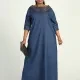 Women's Plus Size Casual 3/4 Sleeve Embroidery Bateau Neck Plus Size Maxi Denim Dress Blue Clothing Wholesale Market -LIUHUA