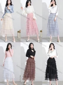 Wholesale Women's Casual Plain Elastic Waist High Waist Tiered Skirt, LIUHUA CLOTHING WHOLESALE