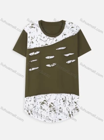 Wholesale Men's Fashion Irregular Print Curved Hem Distressed T Shirt, LIUHUA CLOTHING WHOLESALE