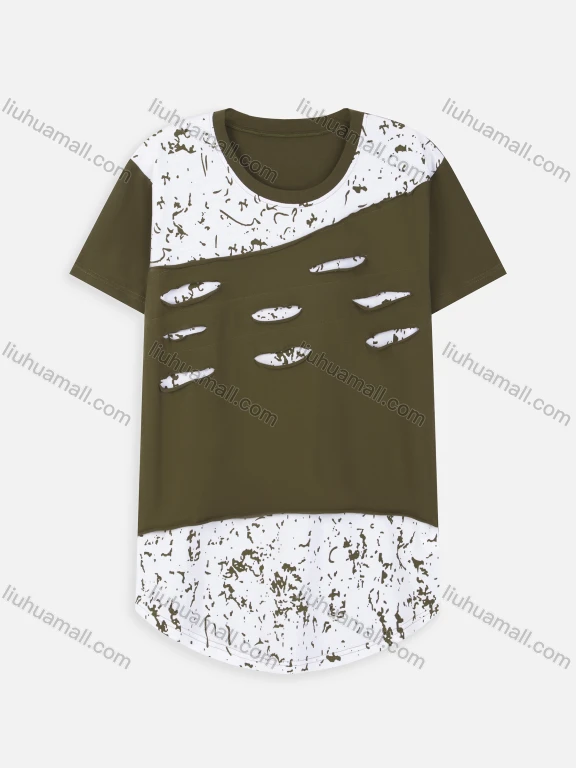 Wholesale Men's Fashion Irregular Print Curved Hem Distressed T Shirt