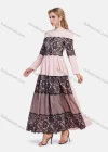 Wholesale Women's Elegant A-Line Long Sleeve Mesh Lace Mandarin Collar Maxi Dress - Liuhuamall