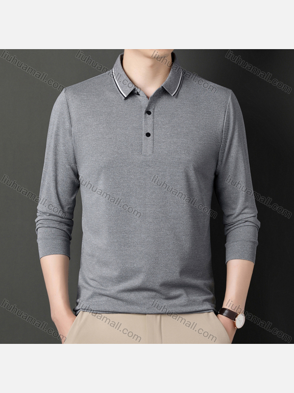 Wholesale Men's Casual Plain Striped Trim Long Sleeve Slim Fit Polo Shirt 6611#