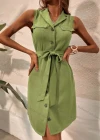 Wholesale Women's Casual Plain Lapel Button Down Short Tank Dress With Belt - Liuhuamall