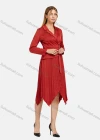 Wholesale Women's Lapel Wrap Long Sleeve Belted Pleated Hanky Hem Plain Dress - Liuhuamall