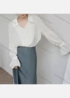 Wholesale Women's Casual V Neck Trumpet Sleeve Button Down Ruffle Trim Plain Blouse 000148# - Liuhuamall