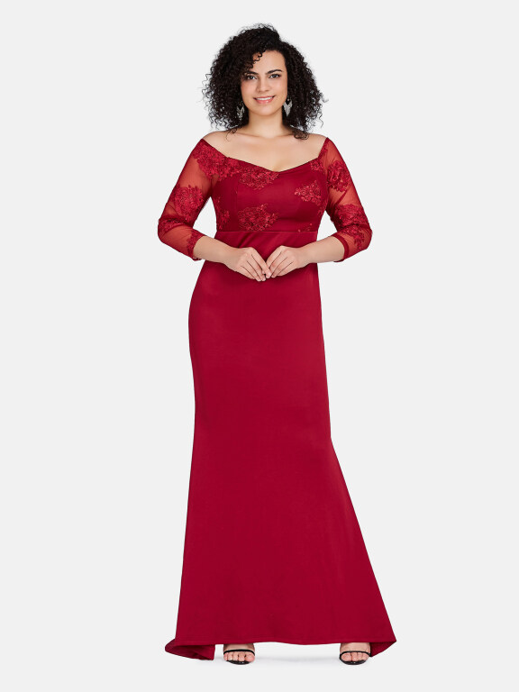 Women's Elegant Off Shoulder Zip Back Plain Splicing Sheer Mesh Embroidered Marmaid Evening Dress 13082#, Clothing Wholesale Market -LIUHUA, 