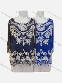 Wholesale Women's Elegant Floral Embroidery Sheer Round Neck Half Sleeve Blouse, LIUHUA CLOTHING WHOLESALE
