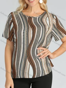 Wholesale Women's Casual Round Neck Abstract Print Keyhole Back Tee, LIUHUA CLOTHING WHOLESALE