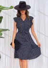Wholesale Women's Casual Polka Dot Flounce Sleeve V Neck Buttons Down A Line Knee Length Dress With Belt 2258# - Liuhuamall