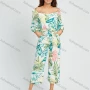 Wholesale Women's Vacation Tropical Plants Print Off Shoulder Long Sleeve Cropped Wide Leg Jumpsuit WIth Belt preview