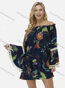 Wholesale Women's Elegant Off Shoulder Tassel Flare Sleeve Plants Print Boho Mini Dress, LIUHUA CLOTHING WHOLESALE