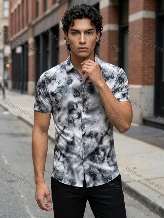 Wholesale 2026 Men's Slim Fit Short Sleeve Floral Print Shirt, Watercolor Vintage Flower Pattern Casual Button - Down, Wholesale I