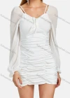 Wholesale Women's Casual Sweetheart Neck Poet Sleeve Lace Up Ruched Short Dress 6532# - Liuhuamall