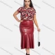 Wholesale Women's Plus Size Short Sleeve Floral Print Top With Leather Mermaid Skirts 2 Piece Sets Dark Red Clothing Wholesale Market Liuhua