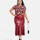 Women's Plus Size Short Sleeve Floral Print Top With Leather Mermaid Skirts 2 Piece Sets Dark Red Clothing Wholesale Market -LIUHUA