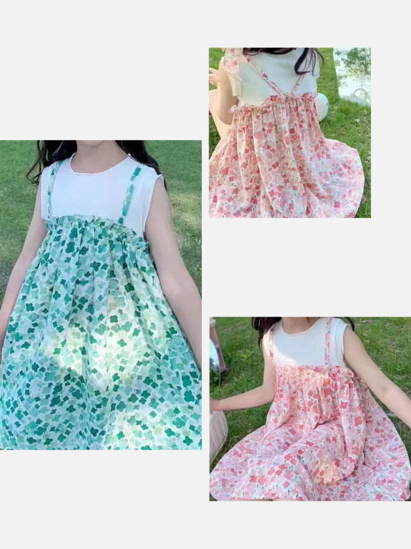 Girls Cute Floral Sleeveless Pleated Cami Dress, Clothing Wholesale Market -LIUHUA, Floral%20Dress