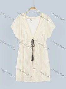 Wholesale Women's Vacation Embroidery Lace Deep V Neck Mesh Elastic Waist Tassel See Through Cover Up Dress 894681#, LIUHUA CLOTHING WHOLESALE