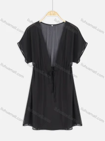 Wholesale Women's Sexy Deep V Neck Mesh Tie Front See Through Cover Up Dress 841781#, LIUHUA CLOTHING WHOLESALE