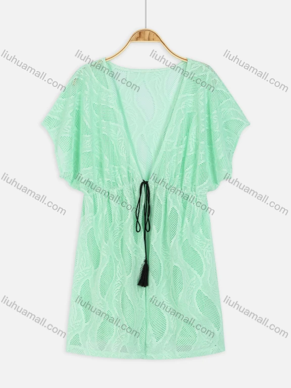 Wholesale Women's Vacation Mesh See Through Drawstring Plain Cover Up Cardigan 866182#