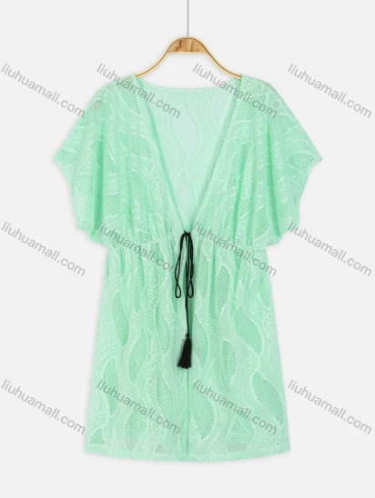 Wholesale Women's Vacation Mesh See Through Drawstring Plain Cover Up Cardigan 866182#
