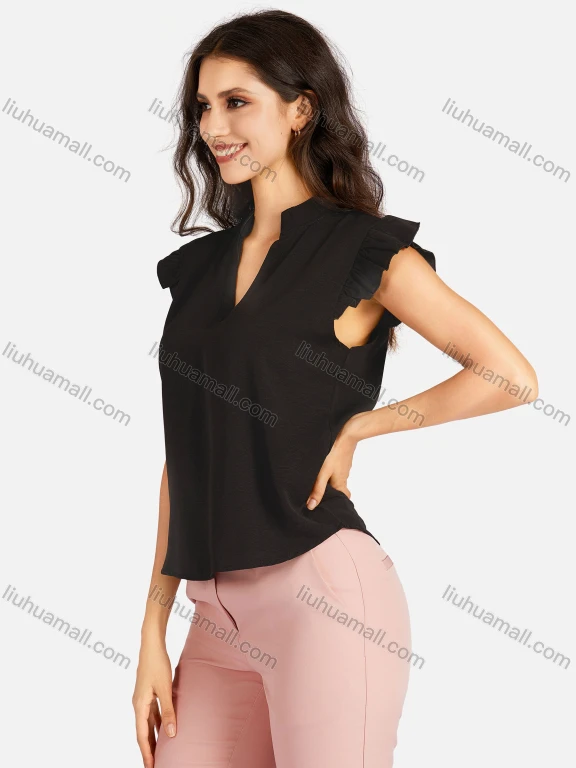 Wholesale Women's Casual Plain Notched Neck Cap Sleeve Blouse