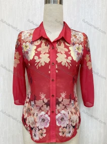Wholesale Women's Lapel 3/4 Sleeve Floral Print Button Closure Rhinestone Shirt	, LIUHUA CLOTHING WHOLESALE