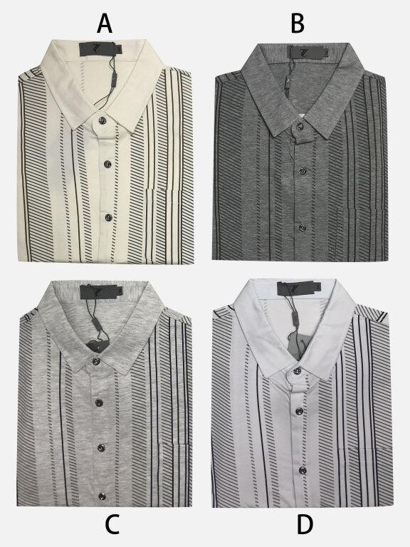 Men's Casual Striped Print Button Down Patch Pocket Short Sleeve Shirt, Clothing Wholesale Market -LIUHUA, Men, Men-s-Tops, Men-s-Hoodies-Sweatshirts