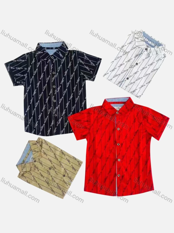 Wholesale Boy's Casual Striped Letter Print Short Sleeve Shirt