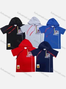 Wholesale Boys 100% Cotton Letter Graphic Short Sleeve Drawstring Hoodie, LIUHUA CLOTHING WHOLESALE