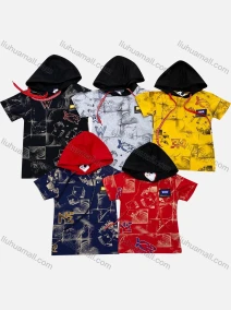 Wholesale Boys 100% Cotton Allover Print Hood Short Sleeve T-Shirt, LIUHUA CLOTHING WHOLESALE