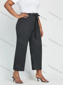 Wholesale Women's Plus Size High Waist Plain Ankle Length Wide Leg Trouser With Belt, LIUHUA CLOTHING WHOLESALE