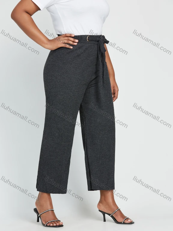 Wholesale Women's Plus Size High Waist Plain Ankle Length Wide Leg Trouser With Belt