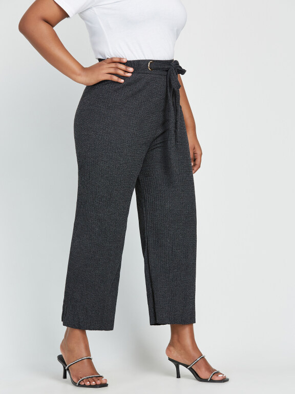 Women's Plus Size High Waist Plain Ankle Length Wide Leg Trouser With Belt, Clothing Wholesale Market -LIUHUA, WOMEN, Pants-Trousers