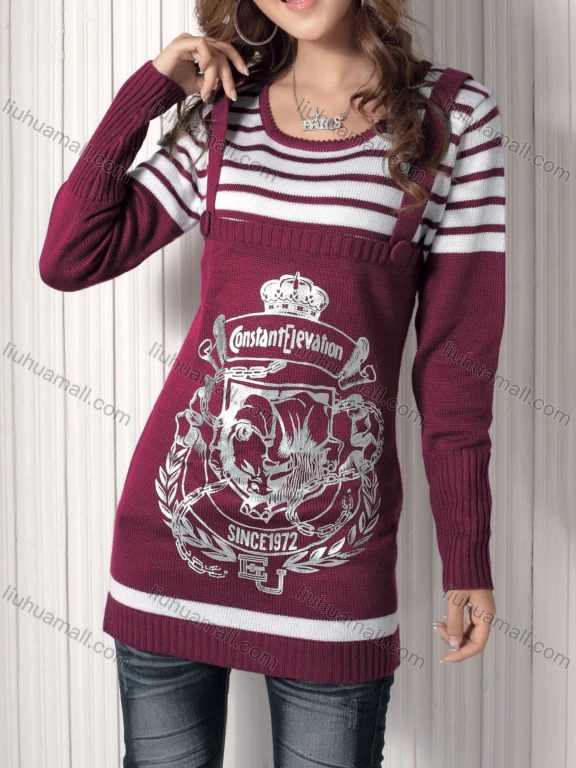 Wholesale Women's Casual Striped Straps Logo Print Sweater