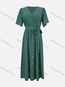 Wholesale Women's Casual Short Sleeve Wrap V Neck Button Front Ruched Plain Maxi Dress With Belt LS3010#, LIUHUA CLOTHING WHOLESALE