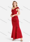 Wholesale Women's Elegant Plain Off Shoulder Zip Back Ruffle Trim Split Hem Bodycon Maxi Evening Dress - Liuhuamall