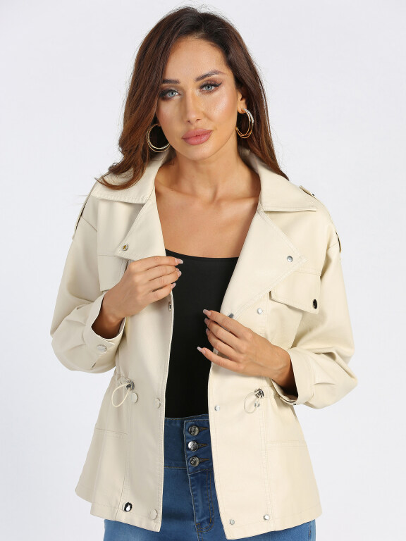 Women's Fashion Lapel Button Closure Drawstring Leather Jacket, Clothing Wholesale Market -LIUHUA, leather%20jackets
