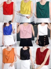 Wholesale Women's Casual Satin Round Neck Sleeveless Ruched Plain Tank Top, LIUHUA CLOTHING WHOLESALE