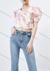 Wholesale Women's Elegant Wrap V Neck Puff Sleeve Plants Print Eyelet Embroidered Top 821931# - Liuhuamall