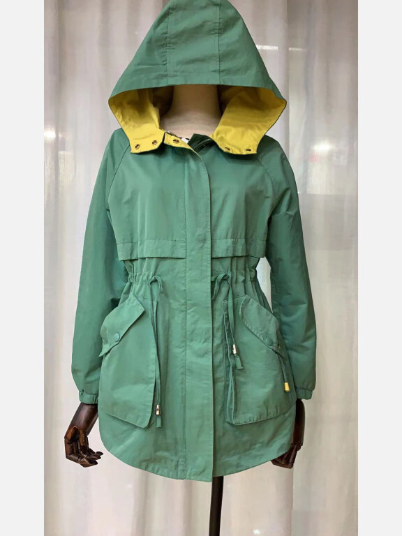 Women's Hooded Zipper Buttons Pockets Drawstring Rain Jacket, Clothing Wholesale Market -LIUHUA, Jackets
