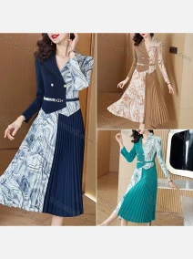 Wholesale Women's Elegant Marble Lapel Pleated Splicing Double Breasted Long Sleeve Midi Dress With Belt, LIUHUA CLOTHING WHOLESALE