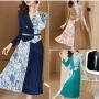 Wholesale Women's Elegant Marble Lapel Pleated Splicing Double Breasted Long Sleeve Midi Dress With Belt preview
