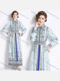 Wholesale Women's Fashion Allover Print Paisley Ruched Collared Button Front Long Sleeve Maxi Dress, LIUHUA CLOTHING WHOLESALE