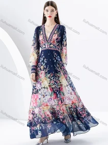 Wholesale Women's Elegant Allover Floral Print Deep V Neck Layered Hem Button Front Long Sleeve Maxi Dress, LIUHUA CLOTHING WHOLESALE