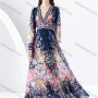 Wholesale Women's Elegant Allover Floral Print Deep V Neck Layered Hem Button Front Long Sleeve Maxi Dress preview
