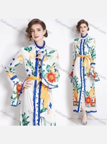 Wholesale Women's Elegant Floral Leaf Mock Neck Ruffle Trim Ruched Button Down Long Sleeve Maxi Dress With Belt, LIUHUA CLOTHING WHOLESALE