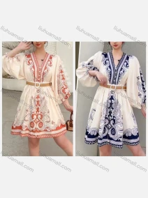 Wholesale Women's Casual Folk Art V Neck Ruched Button Front 3/4 Sleeve Short Dress With Belt, LIUHUA CLOTHING WHOLESALE