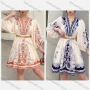 Wholesale Women's Casual Folk Art V Neck Ruched Button Front 3/4 Sleeve Short Dress With Belt preview