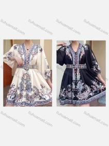 Wholesale Women's Casual Folk Art V Neck Ruched Button Front 3/4 Sleeve Short Dress With Belt, LIUHUA CLOTHING WHOLESALE