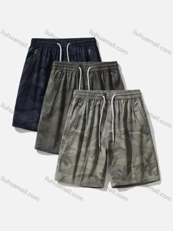 Wholesale Men's Casual Camouflage Letter Zipper Pockets Drawstring Shorts 613#